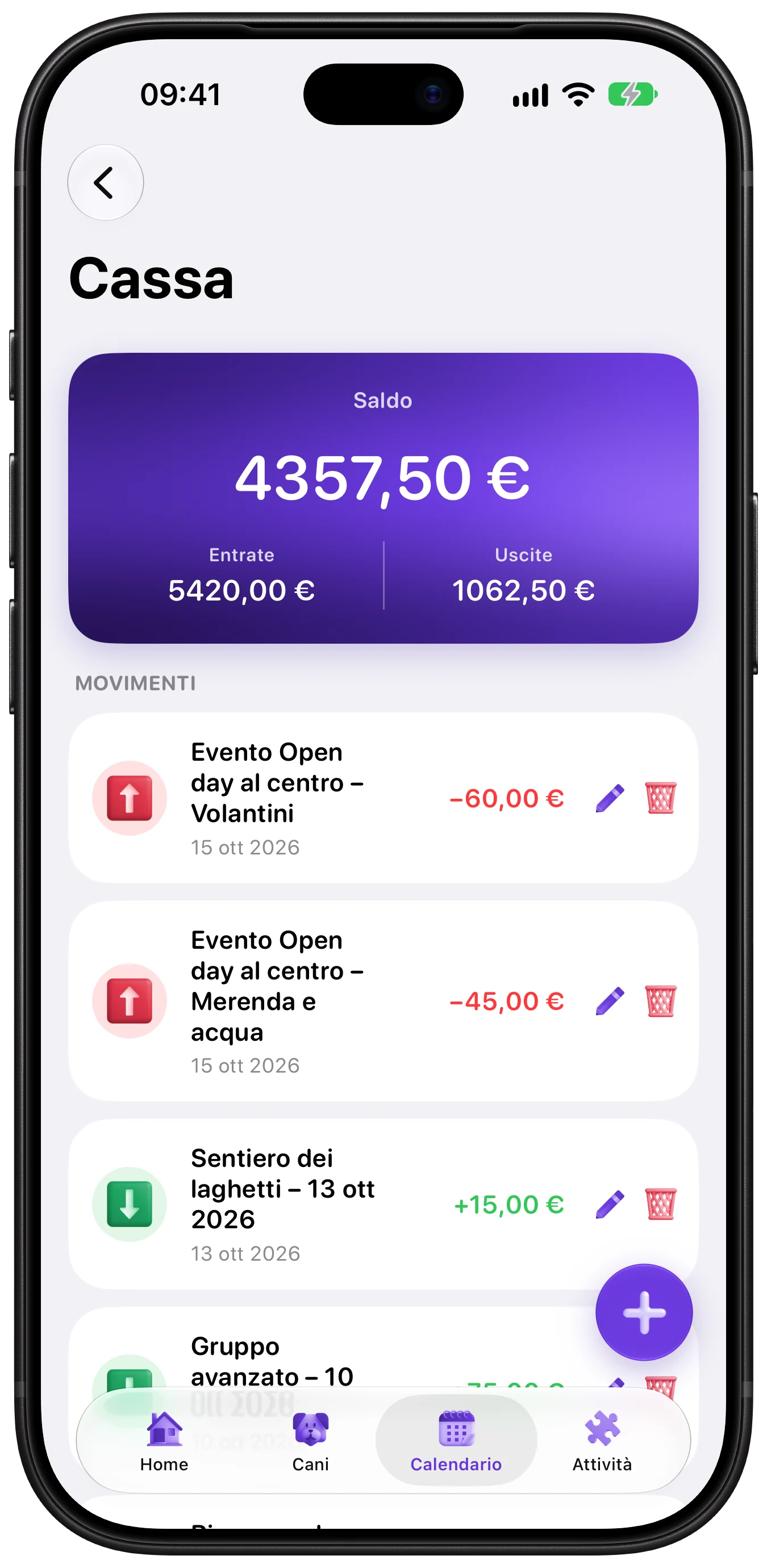 Schermata della cassa con saldo, entrate e movimenti