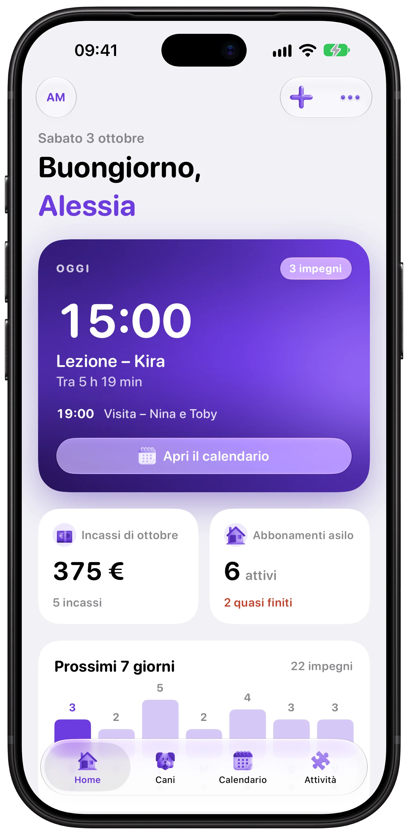 Schermata Home di CinoHub con i prossimi appuntamenti e un riepilogo della giornata